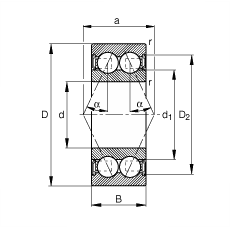 角接觸球軸承 3807-B-2RSR-TVH, 雙列，雙側唇密封，接觸角 α = 25°