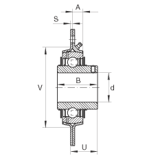 軸承座單元 RRY12-VA, 帶三個/四個螺栓孔的法蘭的軸承座單元，沖壓鋼板，內圈帶平頭螺釘，R型密封， 耐腐蝕保護，無再潤滑結構